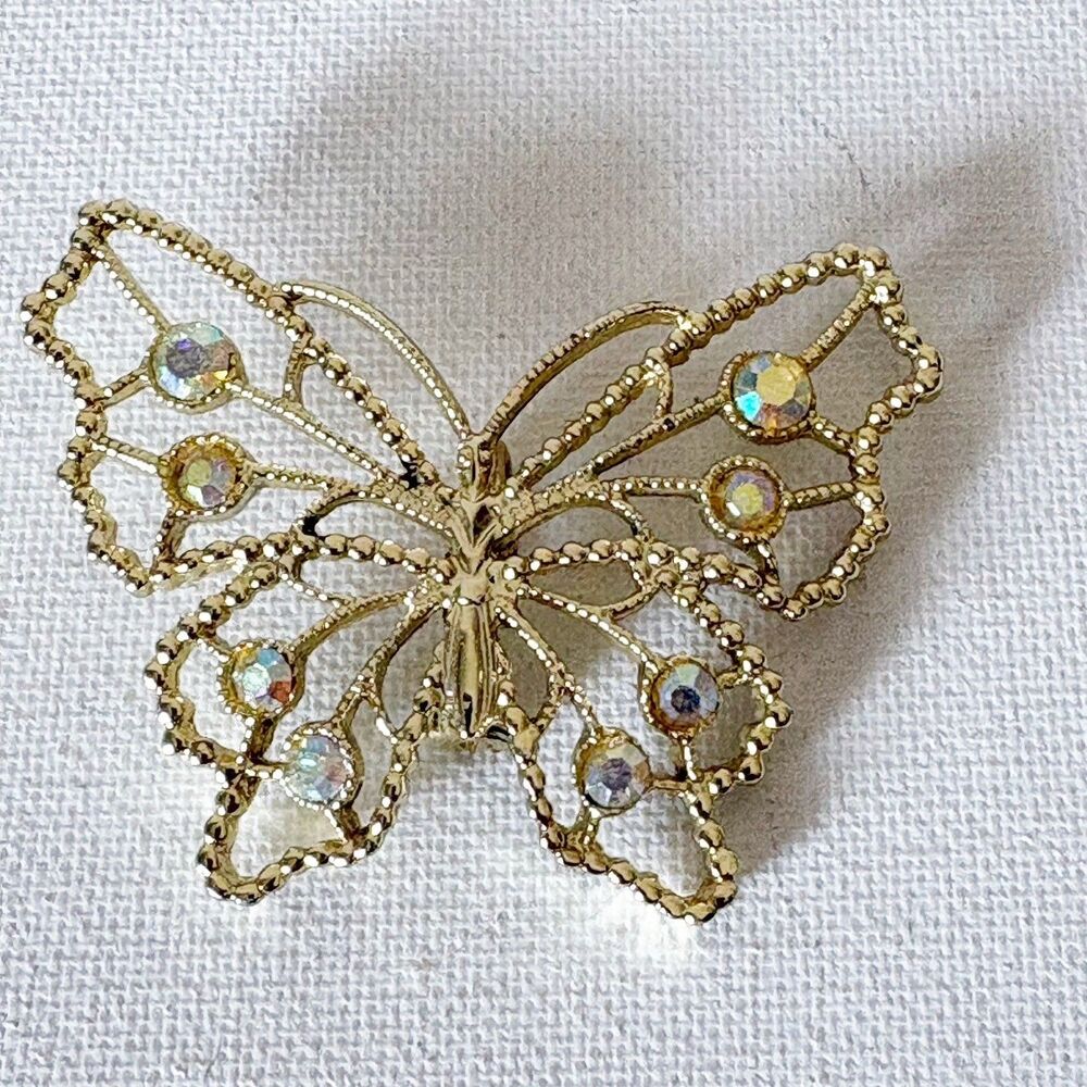 Vtg Butterfly Design Gold Tone Brooch Pin 8 CZS
